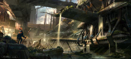 A post-apocalyptic sci-fi cityscape featuring a monkey near a waterfall amid ruined futuristic structures in an HD desktop wallpaper setting.