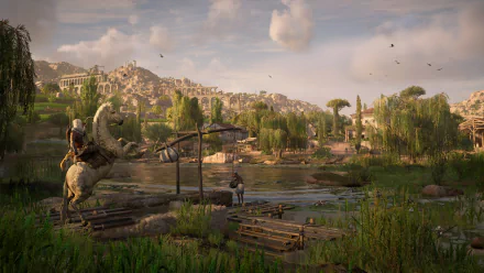4K Ultra HD PC desktop wallpaper featuring a scenic landscape from the video game Assassin's Creed Origins, showcasing ancient architecture and lush greenery.