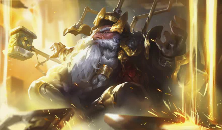 A bearded fantasy dwarf warrior clad in ornate armor wields a heavy hammer amid a glowing, fiery background in this HD PC desktop wallpaper.