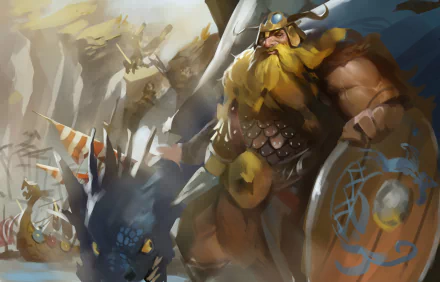 Fantasy Viking warrior with a large beard and shield stands beside a dragon near a drakkar ship in a dynamic HD PC desktop wallpaper background.