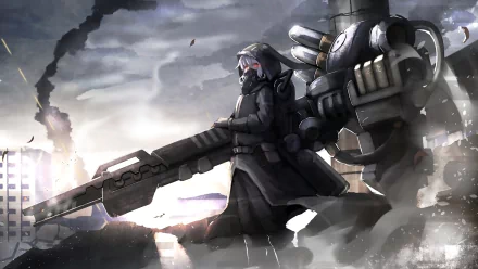 Anime original HD PC desktop wallpaper — masked soldier in a heavy coat holds a massive rifle beside a hulking mech amid smoky, ruined cityscape under a stormy sky.