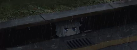 HD desktop wallpaper featuring Kanna Kamui from the anime Miss Kobayashi's Dragon Maid, peeking out from a storm drain during a rainy scene.