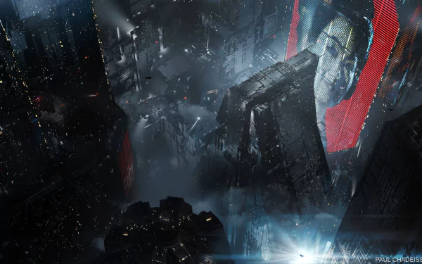 Futuristic cityscape with towering skyscrapers from Blade Runner 2049, featuring dark, rain-soaked streets, neon lights, and a giant holographic face. HD desktop wallpaper.