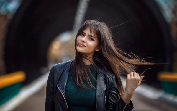 leather jacket depth of field smile brown eyes brunette woman model HD Desktop Wallpaper | Background Image