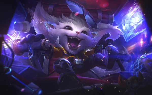A dynamic HD wallpaper featuring Gnar from League of Legends, showcasing the character's playful expression and vibrant colors against a high-tech background.