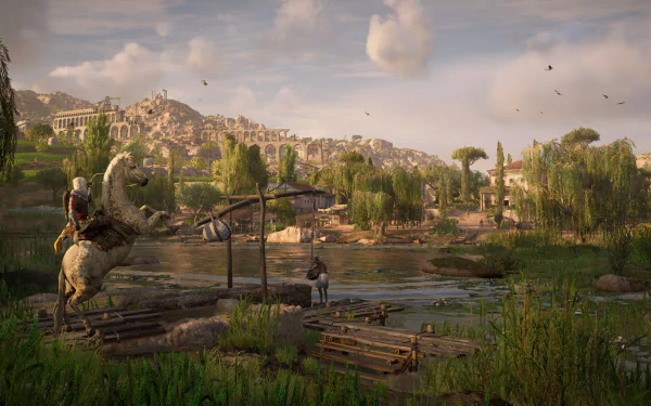 4K Ultra HD PC desktop wallpaper featuring a scenic landscape from the video game Assassin's Creed Origins, showcasing ancient architecture and lush greenery.