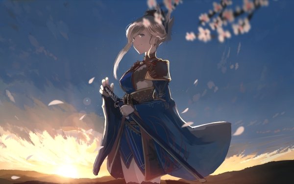 Anime Fate/Grand Order Fate Series Miyamoto Musashi Long Hair White Hair Ponytail Blue Eyes Sword Smile Weapon Dress Sunset HD Wallpaper | Background Image