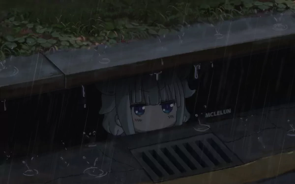 HD desktop wallpaper featuring Kanna Kamui from the anime Miss Kobayashi's Dragon Maid, peeking out from a storm drain during a rainy scene.