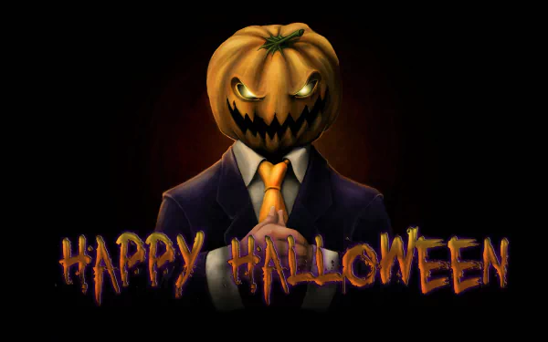 HD desktop wallpaper featuring a person in a suit and tie with a glowing jack-o'-lantern head, set against a dark background with Happy Halloween text below.