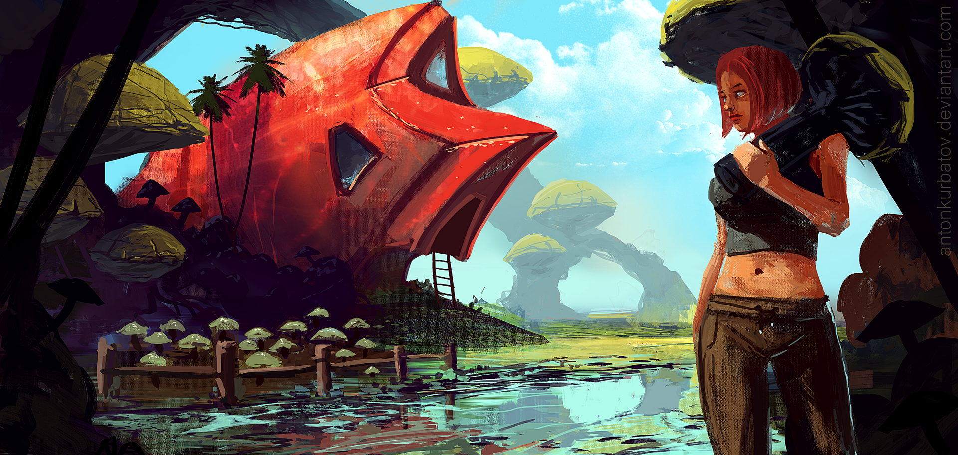 Download Building Short Hair Mushroom Red Hair Fantasy Woman HD Wallpaper by Anton Kurbatov