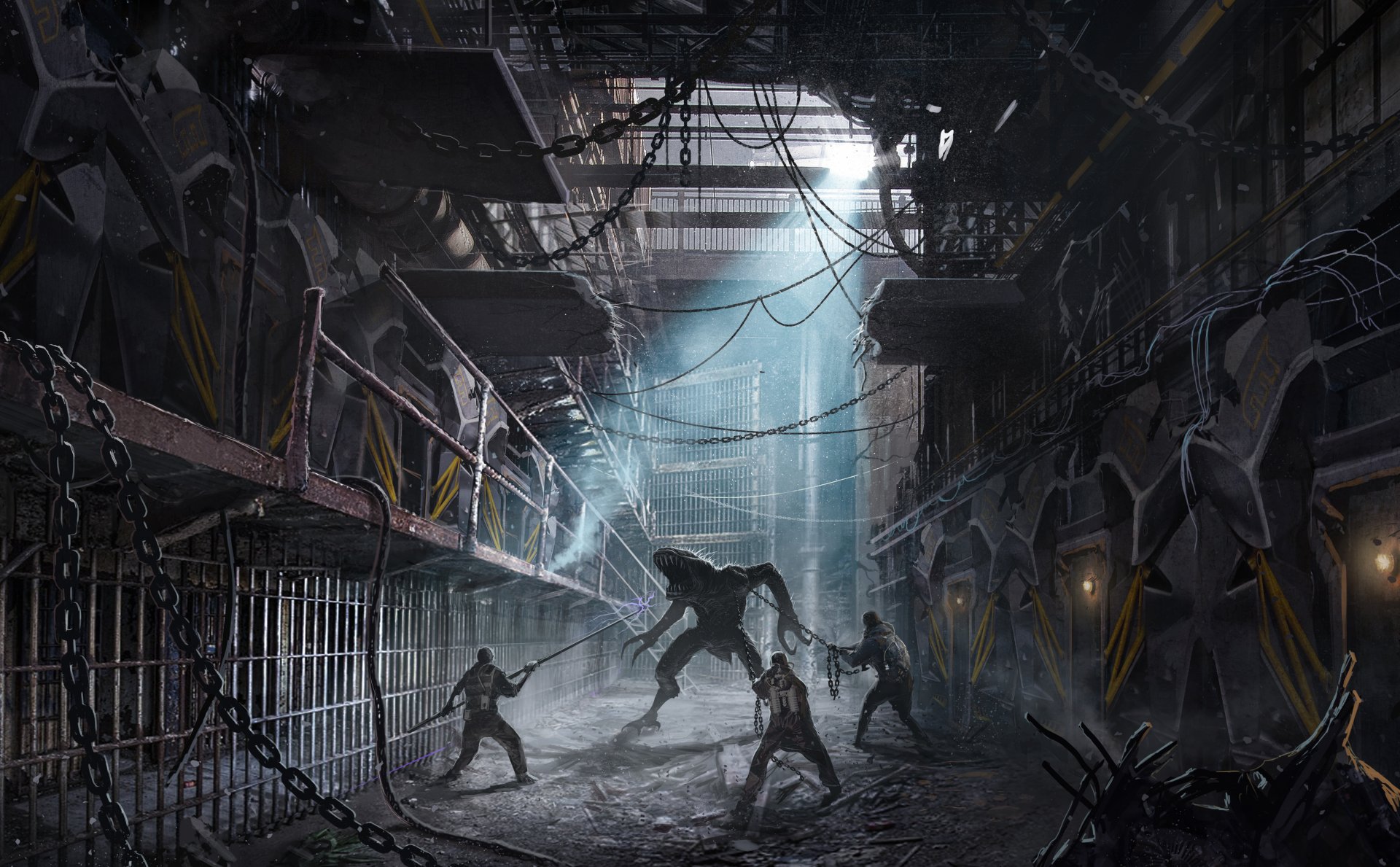 Dark ruined industrial setting with chains hanging and shadowy creatures confronting each other, rendered in detailed 4K Ultra HD for PC desktop wallpaper.