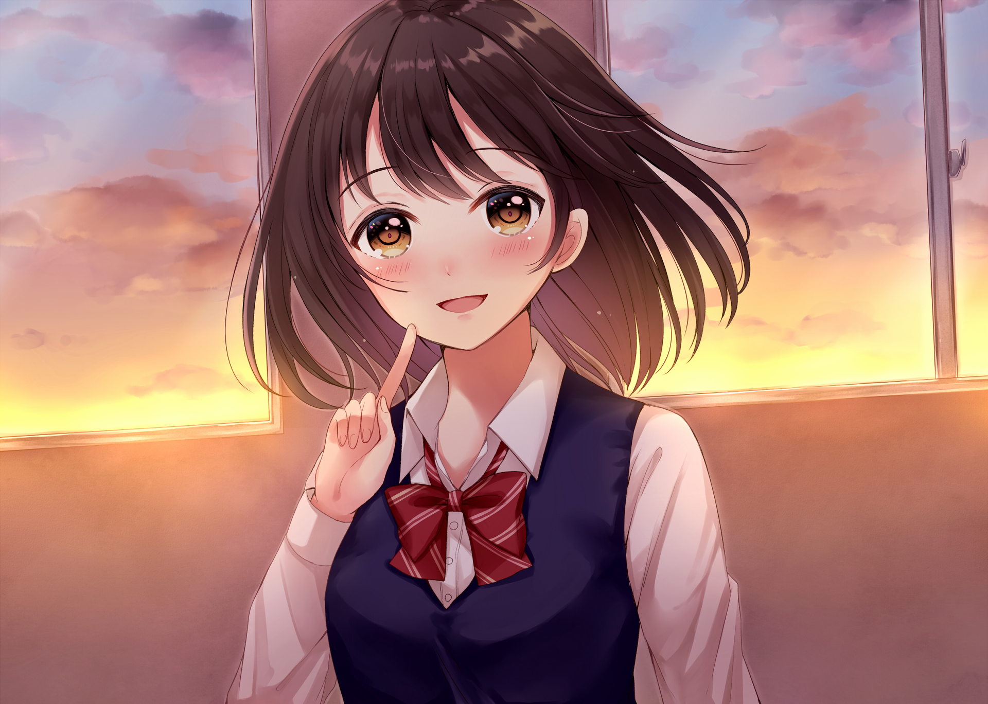HD desktop wallpaper featuring an original anime character with dark hair, wearing a school uniform against a sunset background.