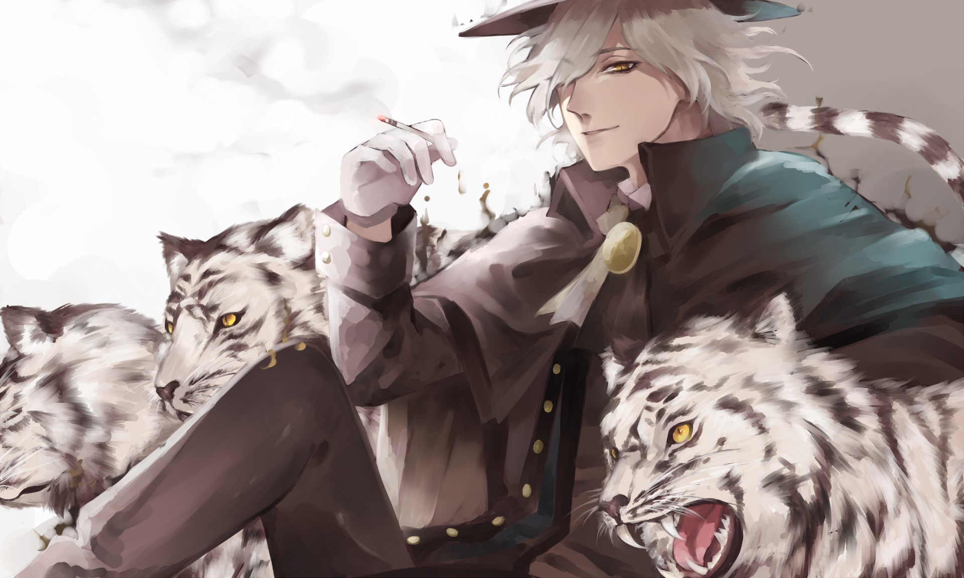 Edmond Dantes from Fate/Grand Order, featuring short white hair and yellow eyes, casually smokes a cigarette while surrounded by white tigers in this striking anime HD wallpaper.
