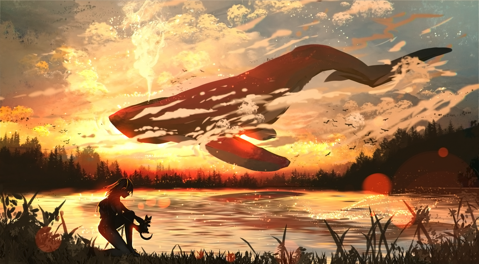 Anime-style sunset scene featuring a giant whale soaring over a tranquil lake, silhouetting a person with a cat on the shore. This HD wallpaper and background offers a blend of fantasy and serenity.