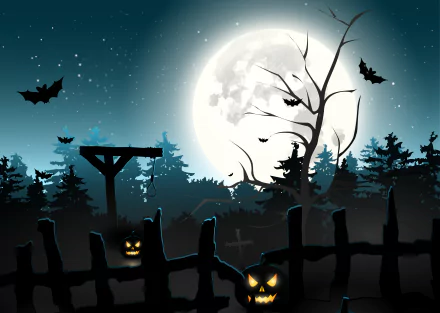 A haunting Halloween-themed 4K Ultra HD wallpaper featuring a full moon, bats, and eerie pumpkins behind a spooky fence, set against a dark forest backdrop.