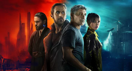 HD desktop wallpaper featuring characters from Blade Runner 2049, including Niander Wallace, Officer K, Joi, and Rick Deckard, portrayed by Jared Leto, Ryan Gosling, Ana de Armas, and Harrison Ford.