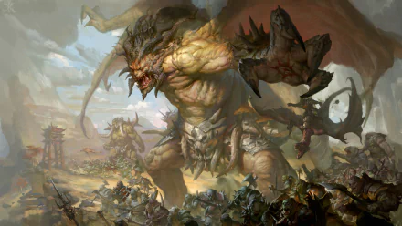 A fierce orc warrior with wings and horns leads a battle against an army of fantasy creatures, set in a dramatic, sweeping landscape full of tension and action.