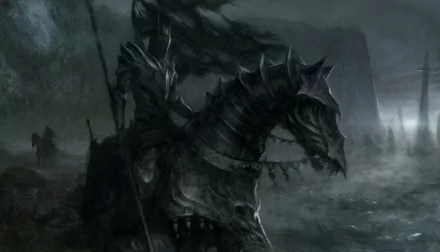 A dark warrior in full armor, holding a spear, rides a similarly armored horse through a misty landscape. The image serves as an HD desktop wallpaper and background, exuding a medieval and ominous ambiance.