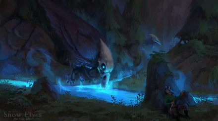 HD fantasy desktop wallpaper depicting a mystical elf creature with bird-like features glowing in a dark, enchanted forest.