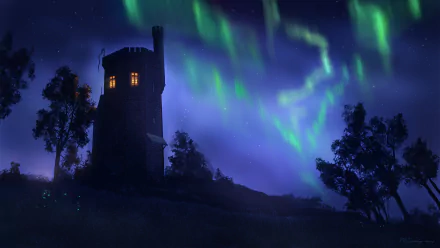 HD PC desktop wallpaper: fantasy night scene of an old stone tower lit from within beneath a swirling green aurora borealis across the starry sky.