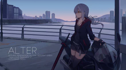 HD desktop wallpaper featuring Saber Alter from the Fate Series, specifically Fate/Grand Order, standing next to a motorcycle by the waterfront with cityscape in the background.