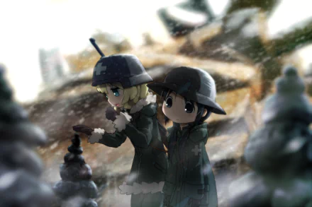 Chito and Yuuri from Girls' Last Tour stand together in a snowy landscape, surrounded by trees and remnants of a post-apocalyptic world, captured in a striking HD anime wallpaper.
