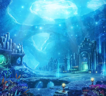 HD PC desktop wallpaper featuring an original anime-style underwater scene with glowing ruins and vibrant blue hues.