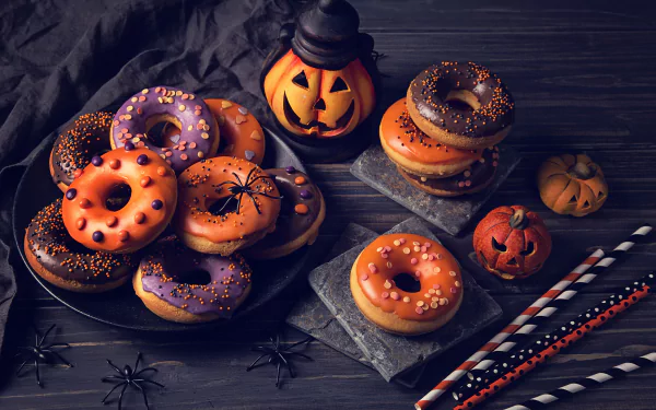HD desktop wallpaper featuring Halloween-themed doughnuts in orange and purple, decorated with sprinkles, surrounded by small pumpkins and festive straws on a dark wooden surface.