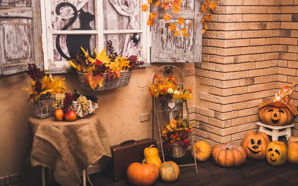 HD PC desktop wallpaper featuring a cozy Halloween holiday scene with pumpkins, autumn leaves, and rustic decorations by a brick wall and window.