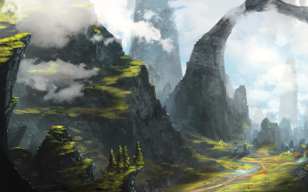 4K Ultra HD fantasy landscape features towering rocky arches, lush moss-covered cliffs, and dramatic clouds creating a mystical natural scene for a PC desktop wallpaper.