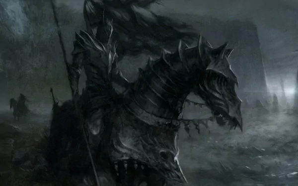 A dark warrior in full armor, holding a spear, rides a similarly armored horse through a misty landscape. The image serves as an HD desktop wallpaper and background, exuding a medieval and ominous ambiance.