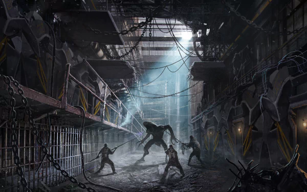 Dark ruined industrial setting with chains hanging and shadowy creatures confronting each other, rendered in detailed 4K Ultra HD for PC desktop wallpaper.