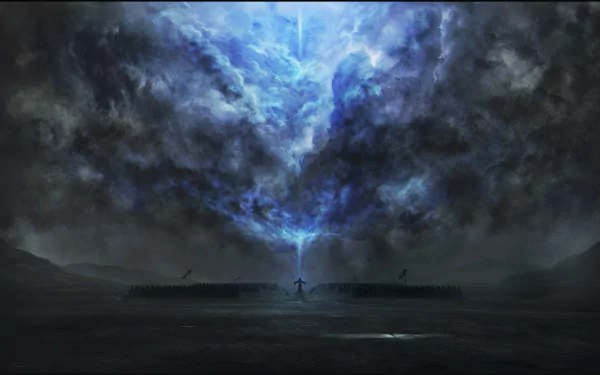 A dark and dramatic scene featuring a warrior standing against an ominous sky, with a beam of light piercing through the clouds, evoking a powerful, magical atmosphere.