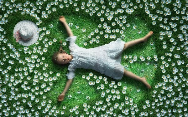 Photography Child Little Girl Grass Lying Down Daisy Hat HD Wallpaper | Background Image