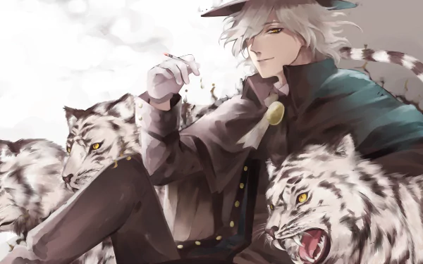 Edmond Dantes from Fate/Grand Order, featuring short white hair and yellow eyes, casually smokes a cigarette while surrounded by white tigers in this striking anime HD wallpaper.