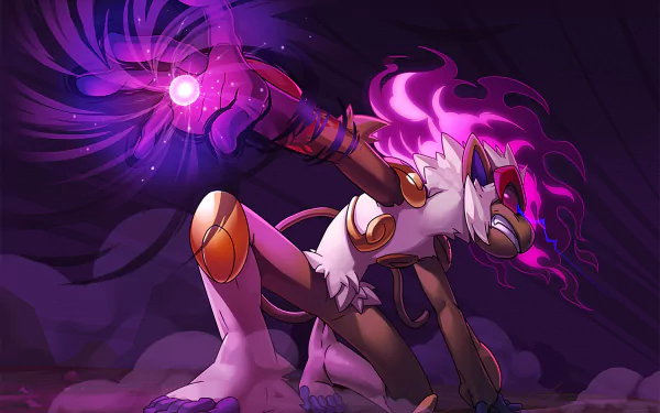 HD PC desktop wallpaper featuring Infernape, a fiery Pokémon, unleashing a powerful purple flame attack in a dynamic video game-inspired scene.