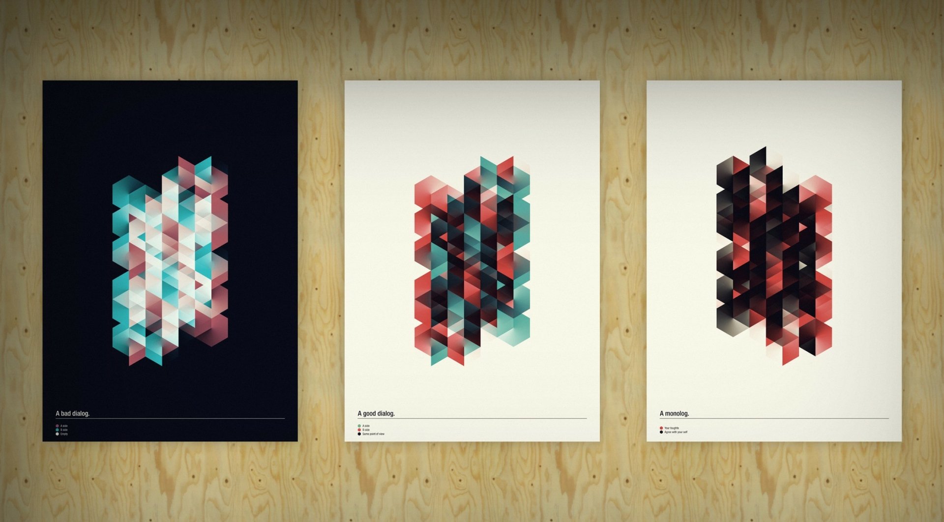 Artistic HD PC desktop wallpaper featuring a triptych of colorful geometric designs with overlapping translucent hexagons on varied backgrounds, showcasing modern design elements.