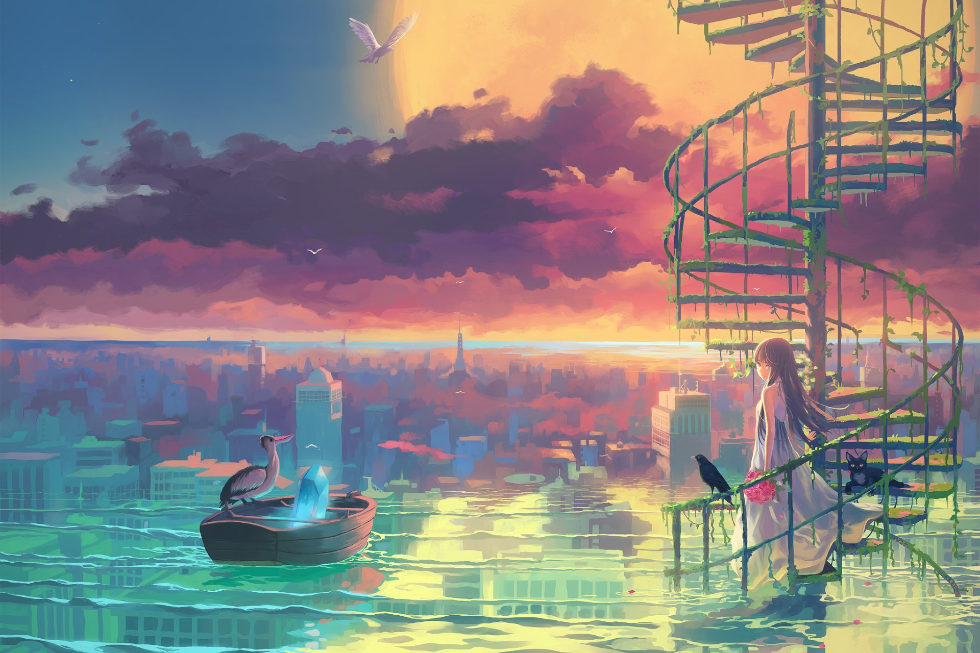 Dreamy Spiral Cityscape - HD Anime Wallpaper by Vofan