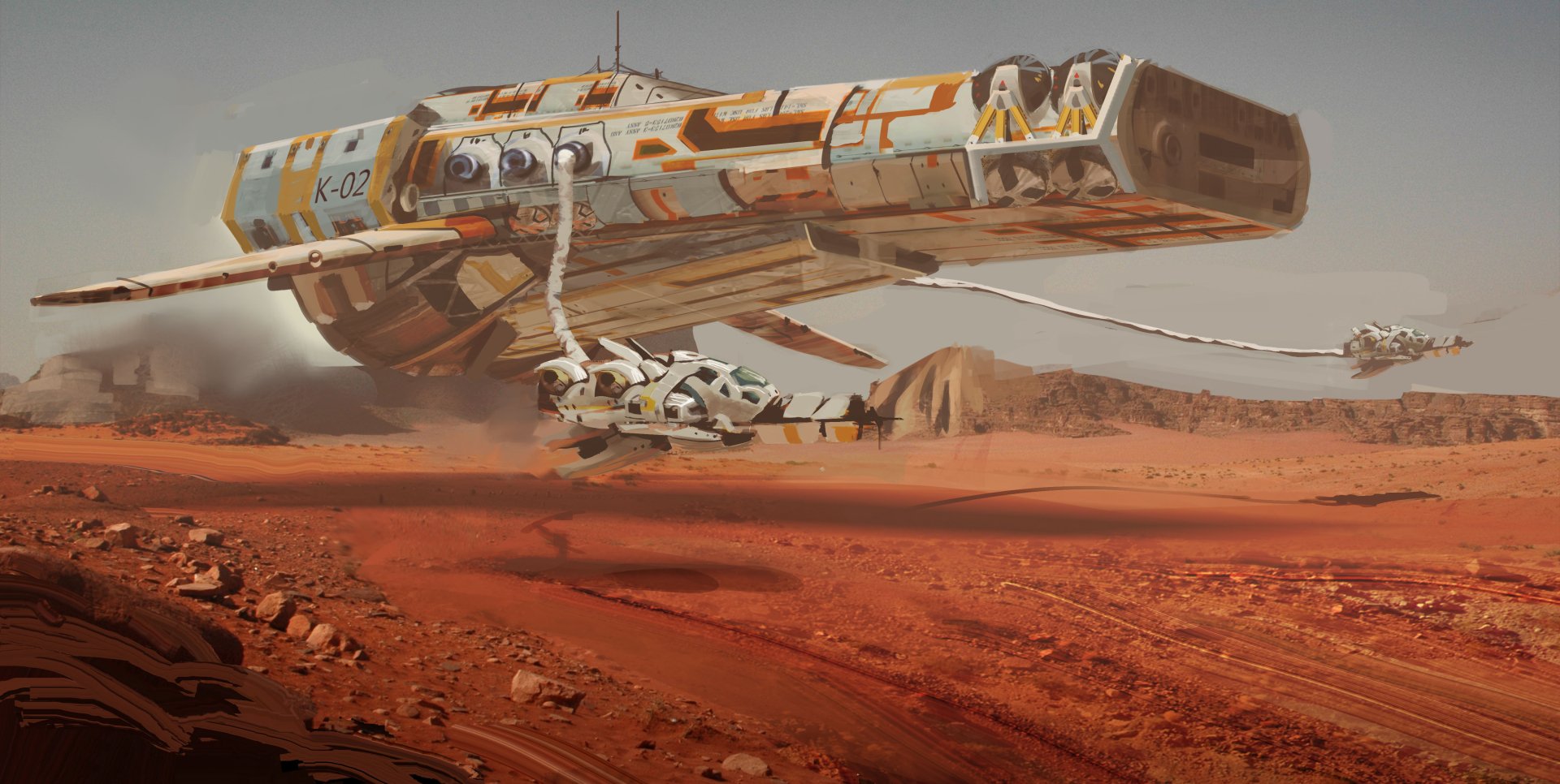 4K Ultra HD PC desktop wallpaper and background: sci‑fi spaceship hovering above a rust-red desert, tethered to a small lander with rocky dunes on the horizon.