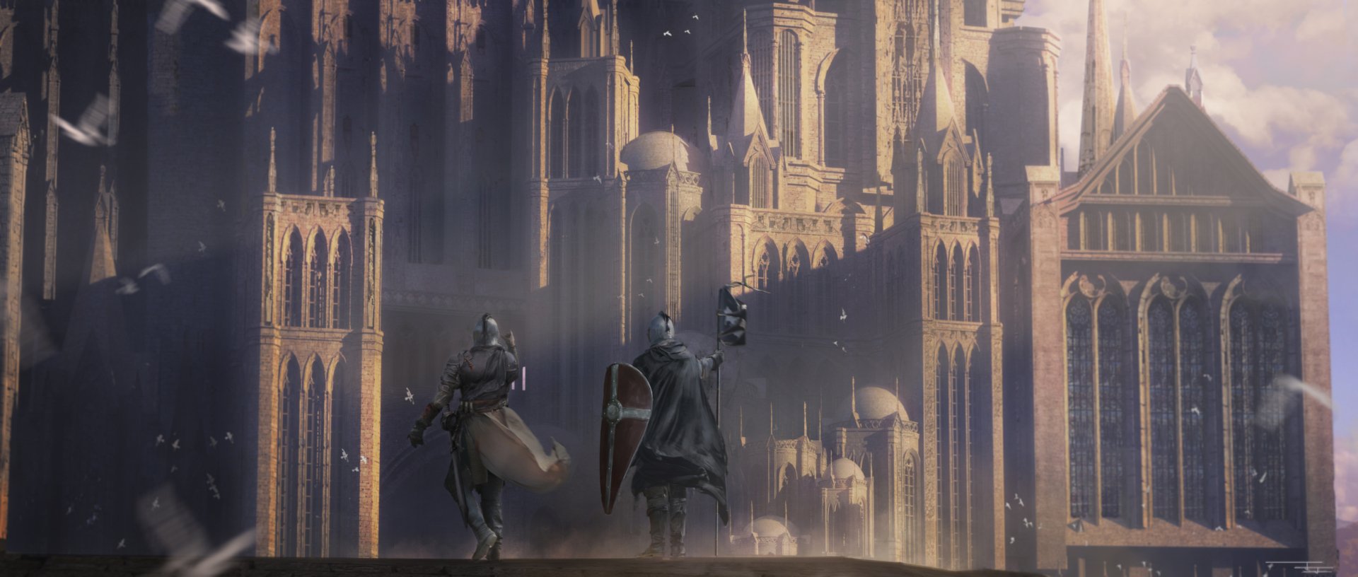 Two fantasy warriors, one with a shield and banner, stand before a grand cathedral in an 8K Ultra HD fantasy knight and warrior desktop wallpaper.
