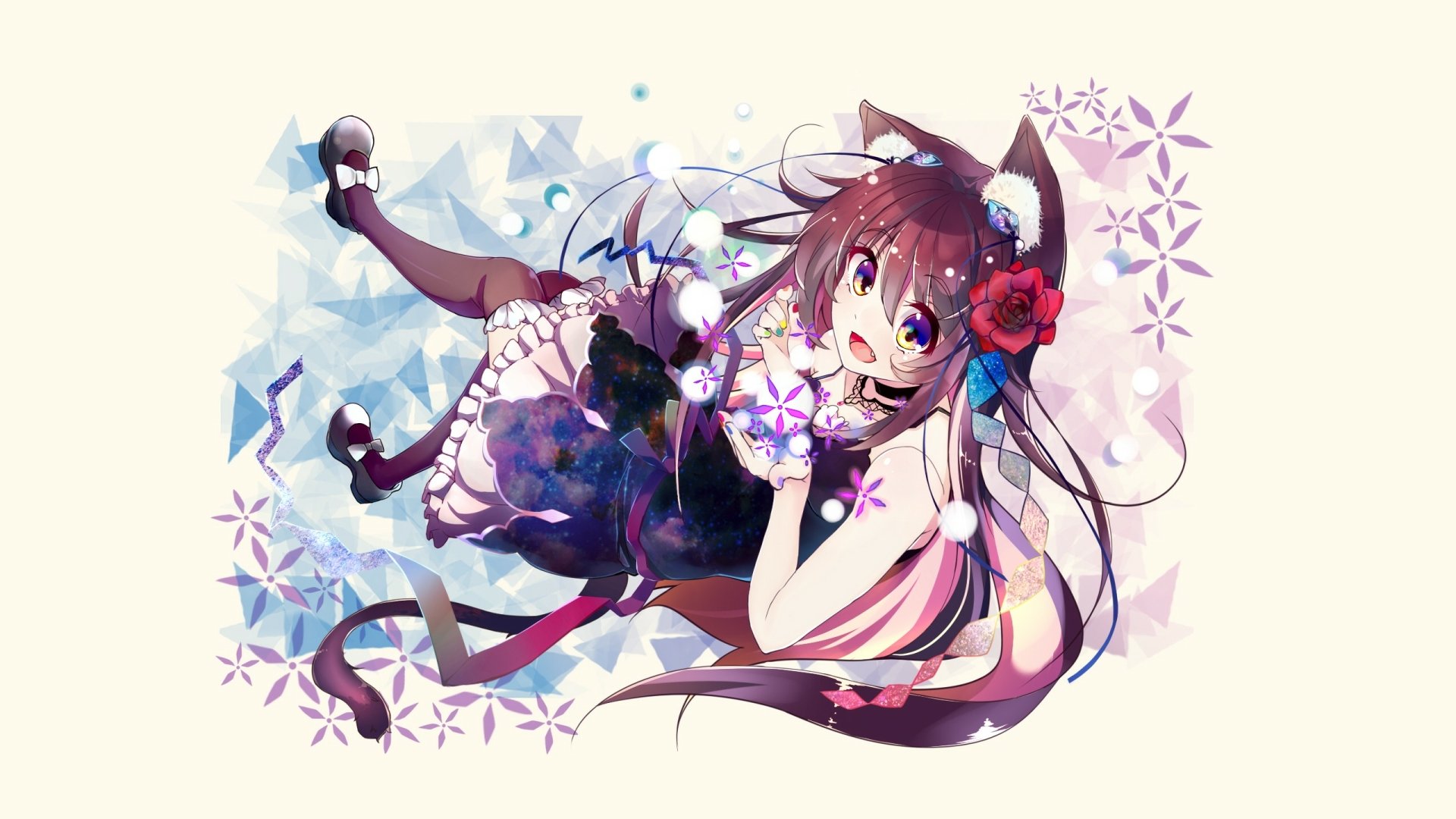 HD anime desktop wallpaper featuring a cute original cat girl with long hair, cat ears, and a floral accessory in a detailed, colorful style.