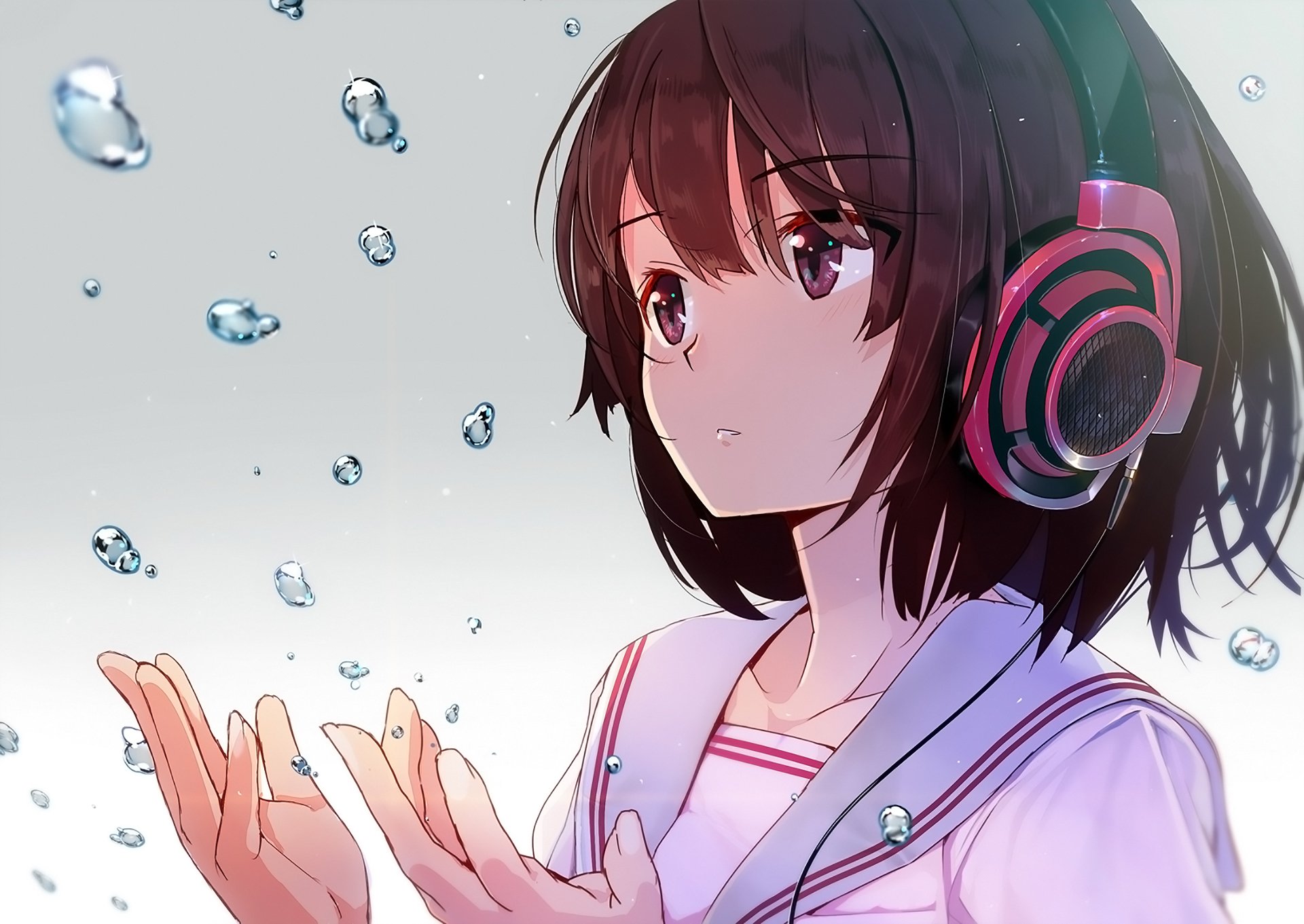 HD anime-style original desktop wallpaper featuring a girl with headphones, gazing at floating water droplets against a soft, light background.