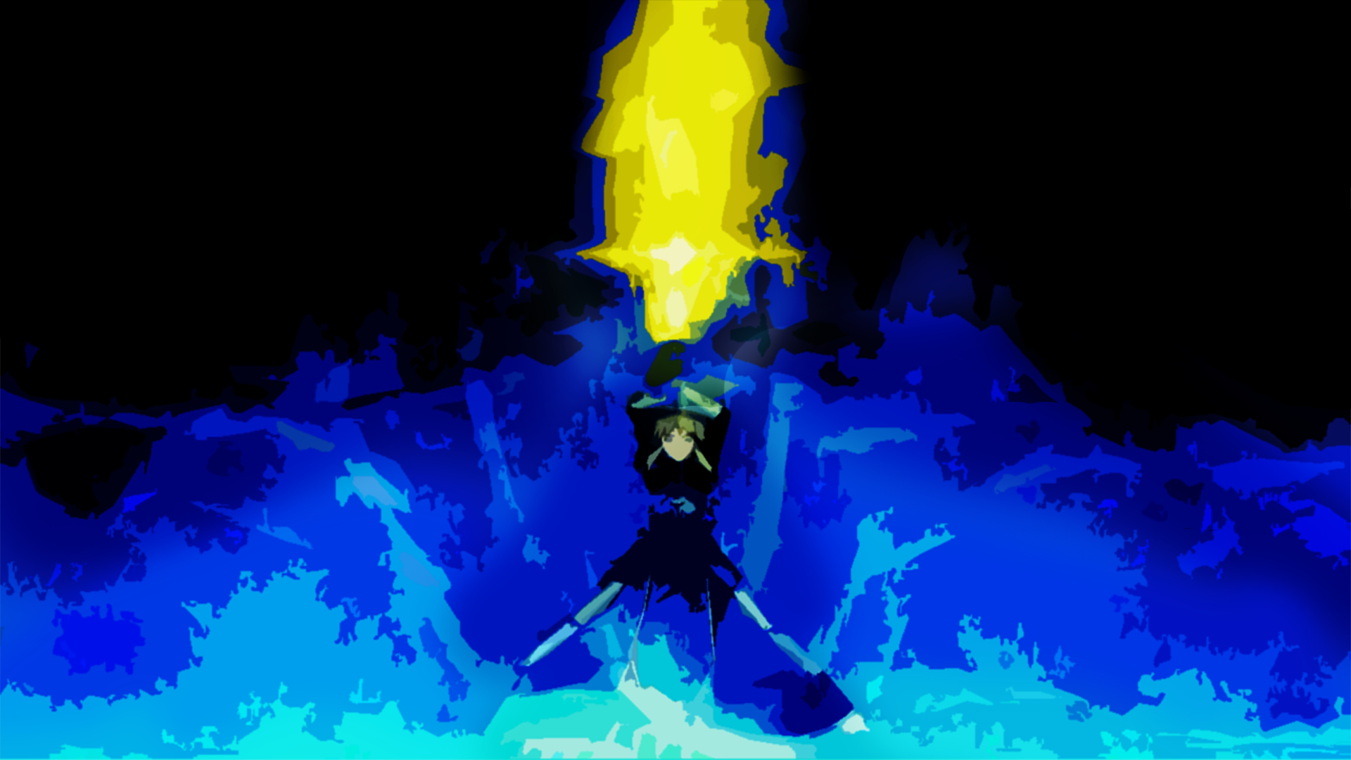 HD PC desktop wallpaper: Saber (Fate/Zero) kneels holding Excalibur as blue flames swirl and a golden beam erupts above in a dramatic anime scene.