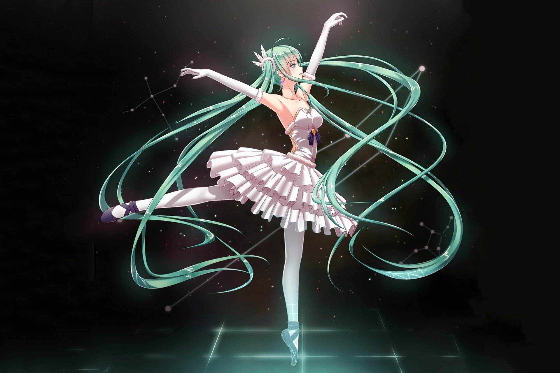 HD PC desktop wallpaper featuring Hatsune Miku, the iconic Vocaloid anime character, gracefully dancing with flowing turquoise twin-tails against a dark background.