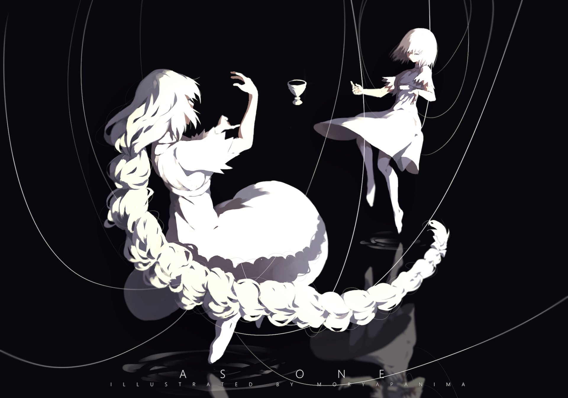 Black and white anime HD wallpaper featuring Jeanne d'Arc (Ruler) from Fate/Apocrypha with contrasting short and long hair in dynamic poses and flowing dress.