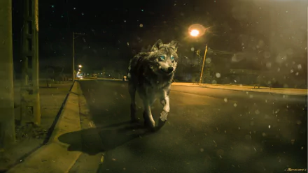 HD PC desktop wallpaper featuring a lone wolf walking on a dimly lit street at night, with a moody and atmospheric background.