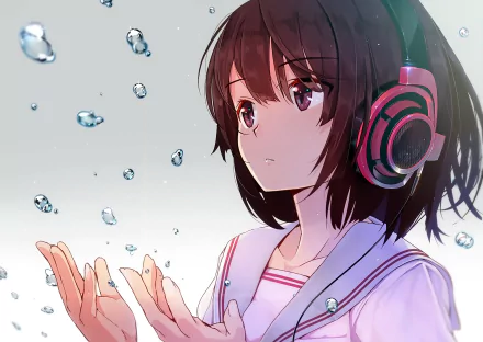 HD anime-style original desktop wallpaper featuring a girl with headphones, gazing at floating water droplets against a soft, light background.