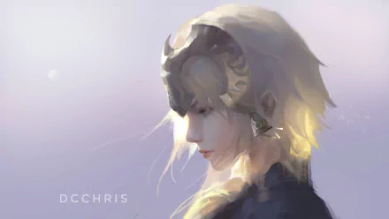 HD desktop wallpaper featuring an artistic depiction of Jeanne d'Arc from Fate/Grand Order. The image portrays Jeanne in a serene, soft light with intricate detailing. Art by DCCHRIS.