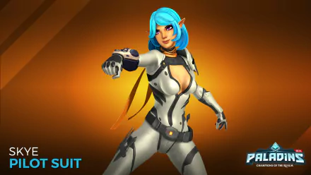 HD PC desktop wallpaper featuring Skye from the video game Paladins in her Pilot Suit, posed dynamically against an orange background.