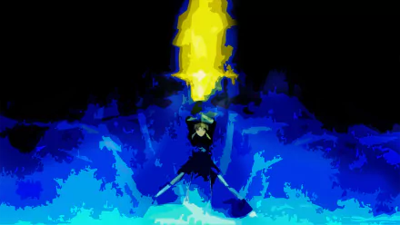 HD PC desktop wallpaper: Saber (Fate/Zero) kneels holding Excalibur as blue flames swirl and a golden beam erupts above in a dramatic anime scene.